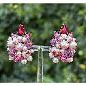 RARE! Vintage Eugene Pink Rhinestone Faux Pearl Cluster Earrings Filigree 1950s